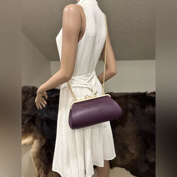 Purple Pebble Leather Handmade Bow Shaped Kisslock Baguette Bag/Crossbody - Picture 10 of 16